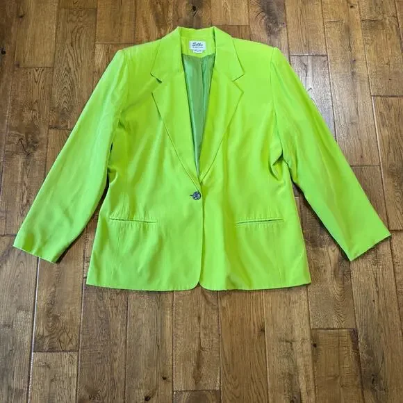 VTG Silks By Joan Leslie Blazer & Blouse Neon Green 100% Silk Womens Sz 16 - Picture 8 of 15